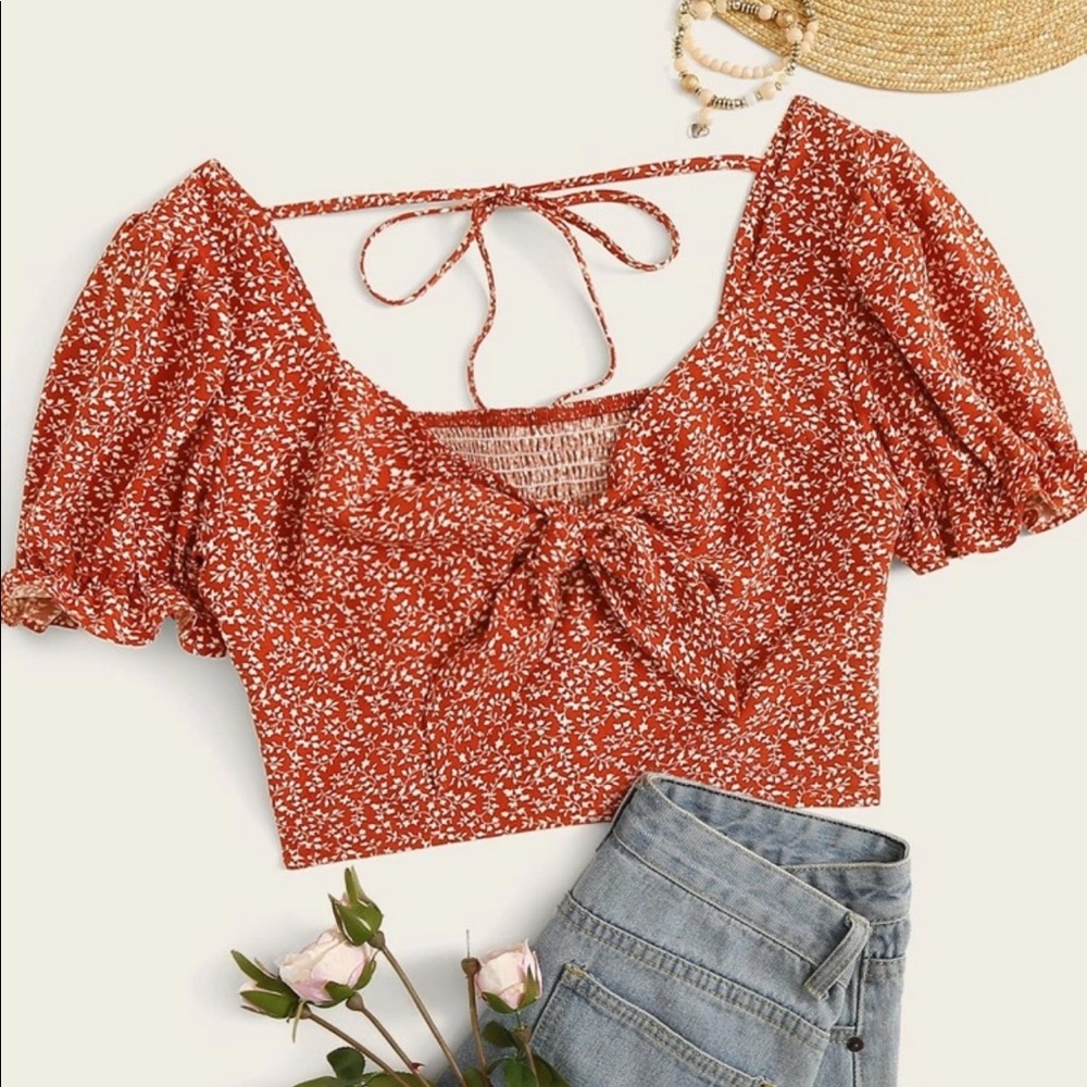 💃HP💃Ditsy floral tie front puff sleeve crop top